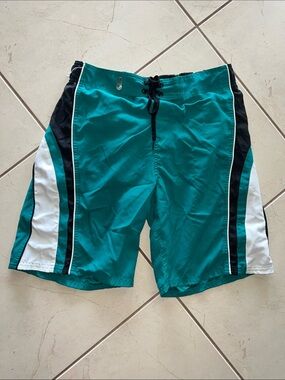 Men's Teal Swim Trunks with Black & White Side Stripes
